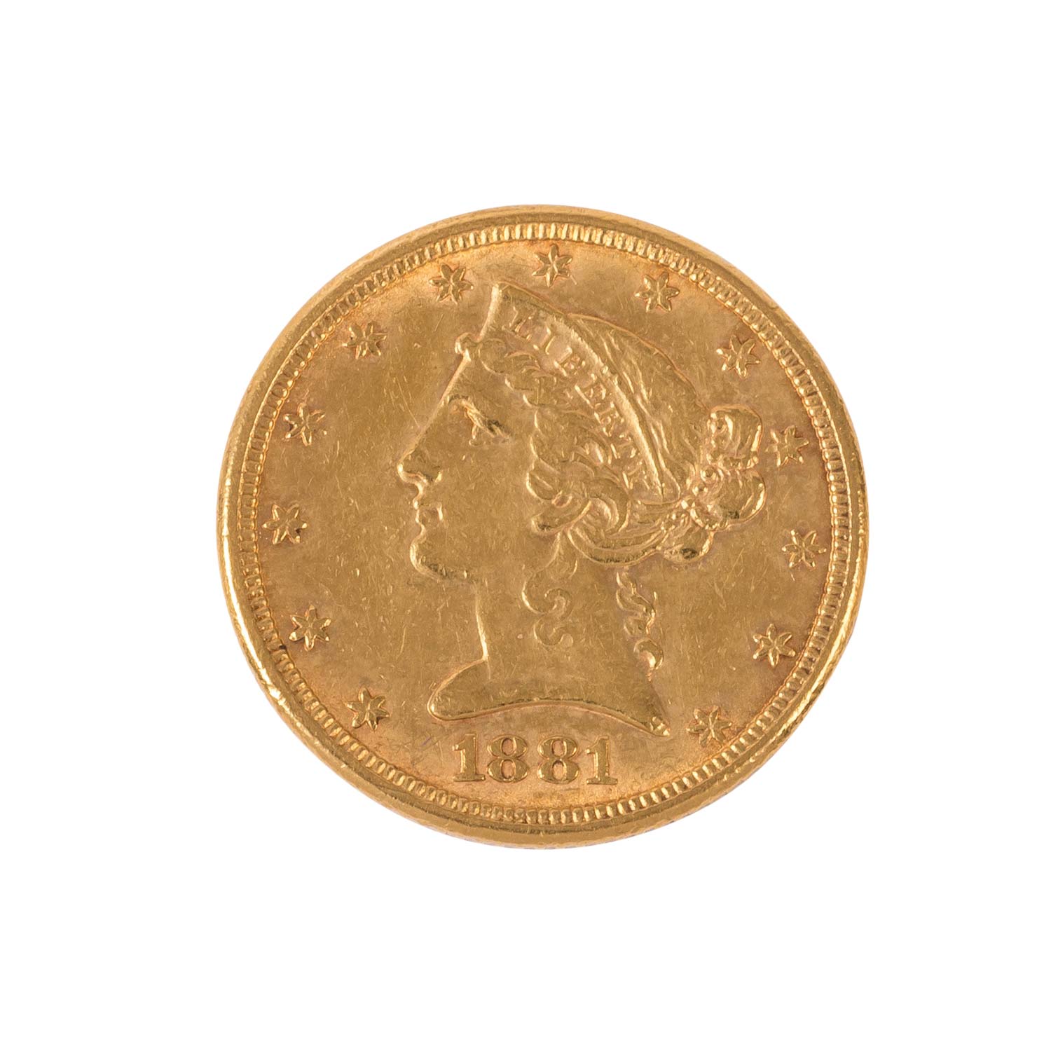 USA - 5 Dollars 1881 / o Mzz., Coroned Head, GOLD,