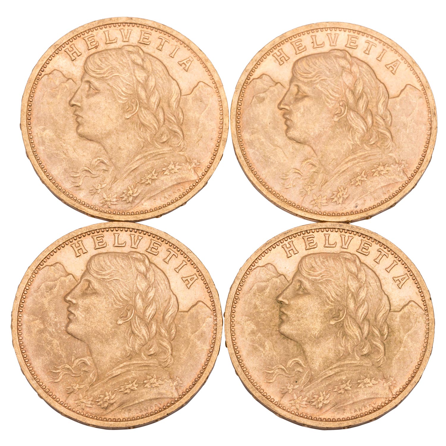 Schweiz - Kleines Investmentlot in Gold mit 4 x 20 Sfr. Vreneli 1927-B