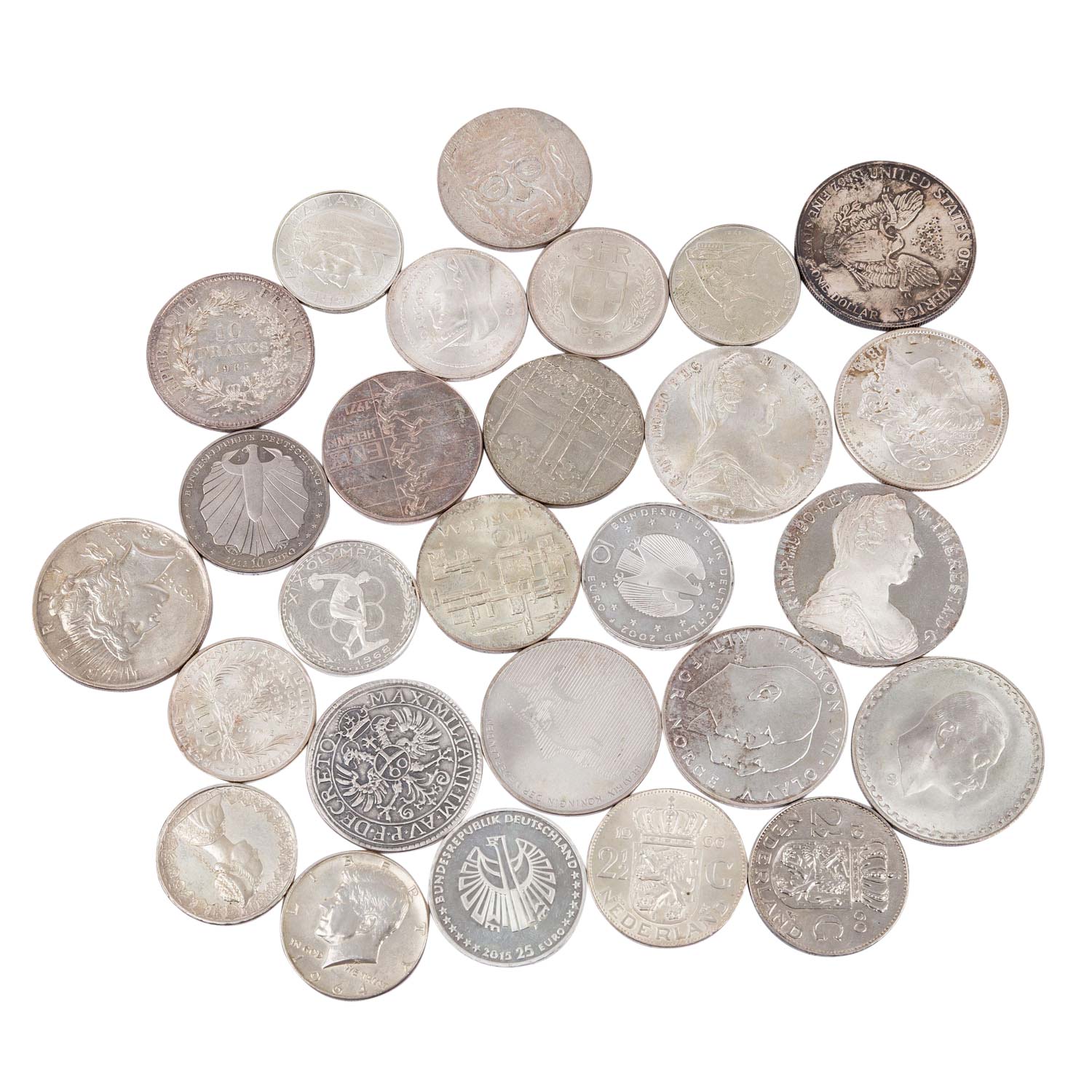Kleines gemischtes Silber-Konvolut mit Münzen aus aller Welt. 27 Stück.