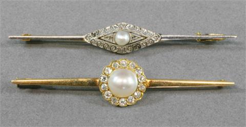 Konvolut: 2 Nadeln mit Perlen und Brillanten, antik.