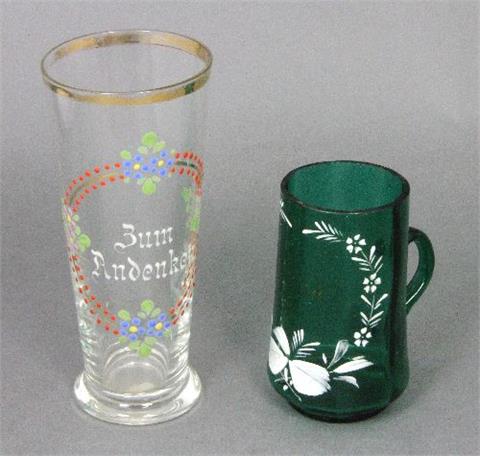 Konvolut: 2 alte Gläser, farbloses Glas mit Aufschrift "Zum Andenken", Goldrand, H 15,5;