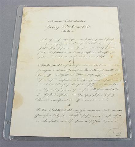 Urkunde mit schönem Siegel von Prinz Hermann zu Sachsen-Weimar an seinen Leibkutscher Georg Rockenstiehl, datiert Stuttgart 1.