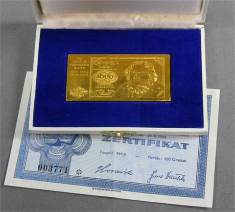 Gold Motivbarren - 100 Gramm Feingold, "Die Goldenen Tausender",