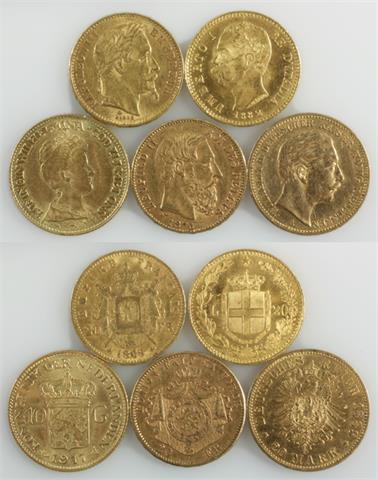 Gold - 5 Münzen: Preussen 20 Mark 1889; 10 Gulden 1971,