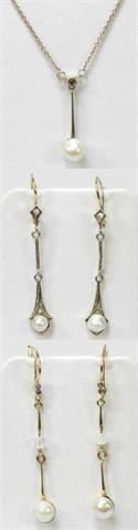 Konvolut: Antikschmuck, 3- tlg: ein Collier mit Perle und Altschliff- Diamant und zwei Paar Ohrhänger mit Perlen und Diamanten