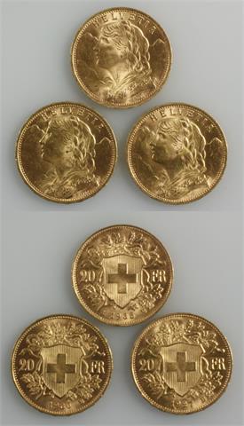 Schweiz - 3 x Gold Vreneli, 20 Fr., 1927/B, L/1935/B, 1930/B,
