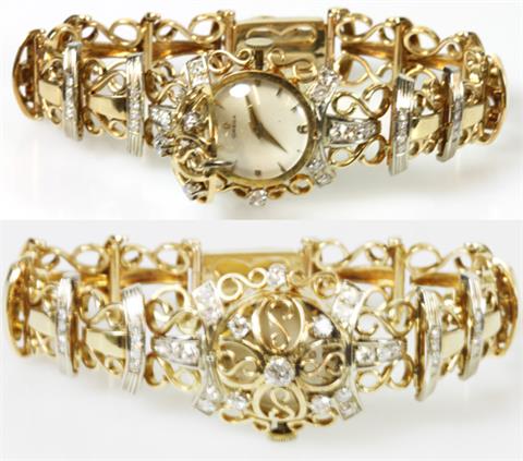 Armband mit OMEGA- Uhr, besetzt mit Altschliff- Diamanten ca. 1,5 cts.