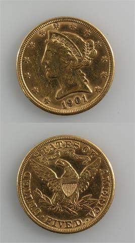 USA - 5 Dollars 1901/o.Mzz., ss, 8,35 Gramm rau.
