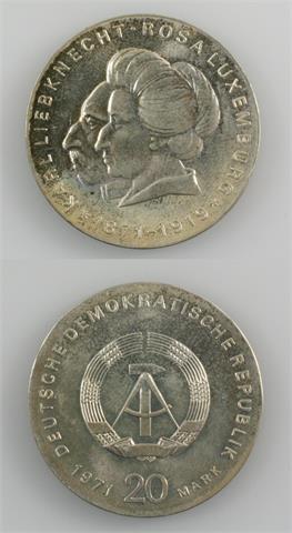 DDR - 20 Mark 1971, Liebknacht/Luxemburg, Ag, vz./st., Patina