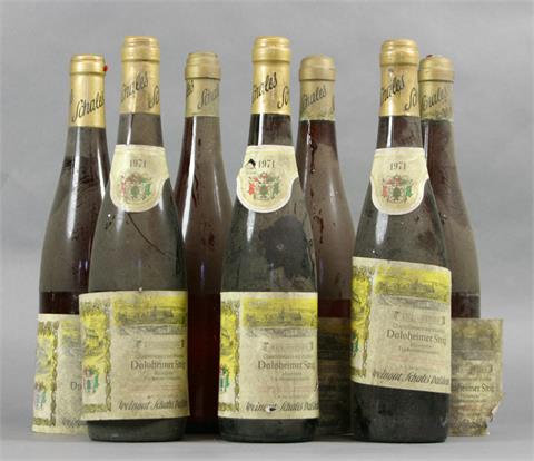 7 Flaschen Weingut Schales Dalsheimer Steig Huxelrebe Trockenbeerenauslese 1971 (4 Flaschen ohne Jahrgangsetikett)