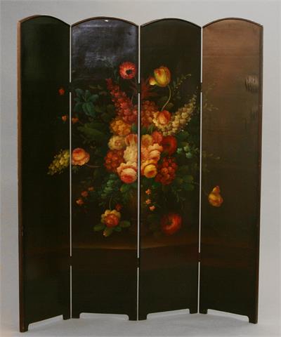 Dekorativer 4-tlg. Paravent, um 1900, Holz dunkel gebeizt mit polychromem Blütendekor.