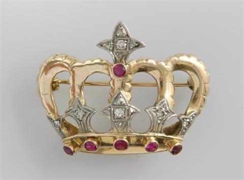 Brosche in Form einer Krone, mit 6 Dia. + 6 synth. Rubine