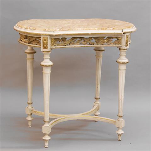 Tisch im Louis-Seize-Stil, um 1900, Holz weiß und goldfarben gefaßt mit Marmorplatte.