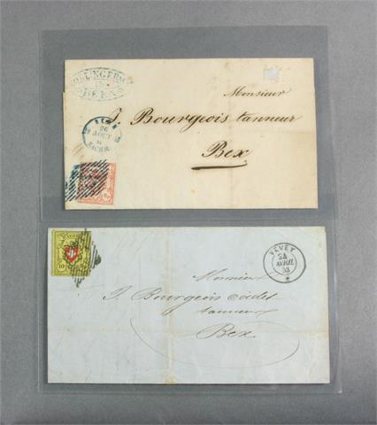 Brfm. Schweiz - 1850/53; 2 Faltbriefe: Mi. Nr. 8II EF + 12 EF (beide Marken tlw. angeschnitten),