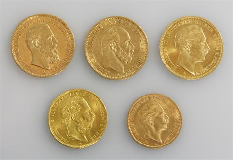 Gold / Dt. Kaiserreich, KuK - Konvolut: 10 M. Preussen 1907, 20 M. Preussen 1878, 1888, 1906, 8 Florin 1892