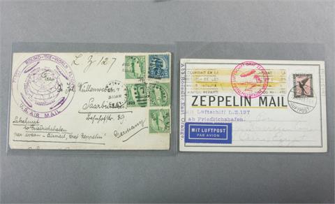 Brfm. Zeppelin - 5 Belege: Mittelmeerfahrt 1929 n. Kairo, Lakehurst 1929 n. Friedrichshafen, 3 Postkarten.