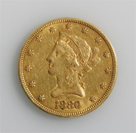 USA - 10 Dollars 1980, Eagle / Coronet Head, o. Mzz. ca. 16,62 Gr. rauh, ss