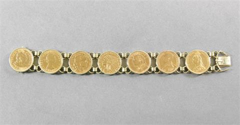 Armband mit 7 Goldmünzen -(Gesamt-) Rauhgewicht 76,5 Gr., davon ca. 51 Gr. Münzen, Rest gem. Punzierung .585er Gold,