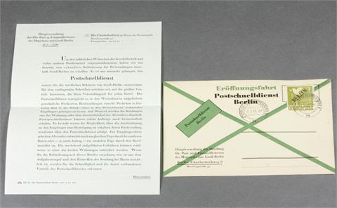Brfm. Berlin - 1949, Postschnelldienst FDC, 1 M. Schwarzaufdruck, blanco entwertet + Werbeschreiben, KW.: 750 Euro