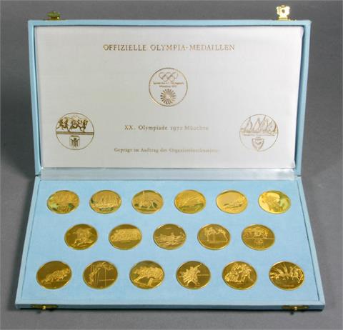 Olympische Spiele 1972 / GOLD - Vollständiges Set von 17 Medaillen, Sportarten, gesamt 298,75 Gr. rauh, 900er Punze