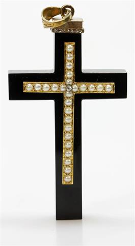 Anhänger "Kreuz", antik, Onyx mit Gold, besetzt mit Diamantrosen und