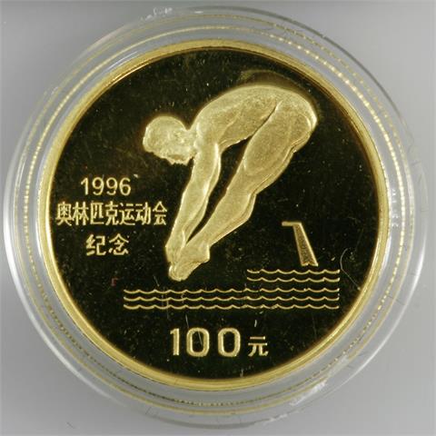 VR China - 100 Yuan Turmspringer 16, ca. 11,32 Gr. rauh, .916er GOLD,