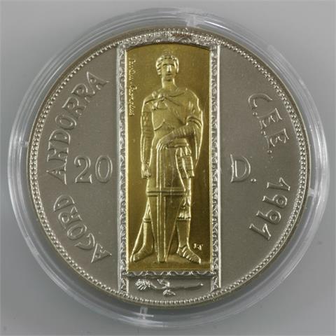 Andorra - 20 Diners 1991, Goldinlay, (1,5 Gr. .916er Gold) + ca. 23 Gr. Silber, st.