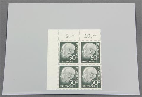 Brfm. Bund - 1954, 50 (Pf) Bundespräsident Heuss (I), pstfr. Eckrand Viererblock, Attest Schlegel, 1.500 M€ (2 x Bewertung Paar)