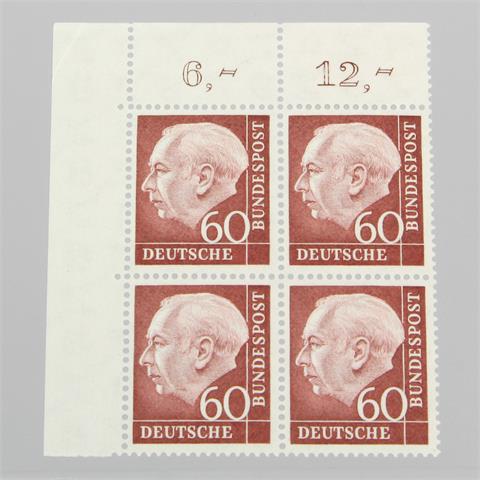 Brfm. Bund - 1954, 60 (Pf) Bundespräsident Heuss (I), pstfr. Eckrand Viererblock, 340 M€ (2 x Bewertung Paar)
