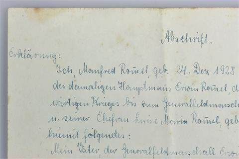 Abschrift der detaillierten eidesstattlichen Erklärung Manfred Rommels (geb. 1928), des Sohnes und später Oberbürgermeister von