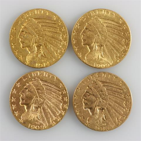 USA - Indian Head Konvolut, 5 Dollars 1909, 1913, 1914 (2 x o. Mzz. + Mzz. 'D'), ss