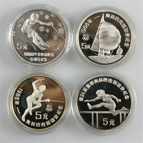VR China - Konvolut: 4 x 5 Yuan Olympische Spiele 1988, 108 gr. Ag / .900er