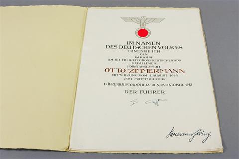 Ernennungsurkunde für den Gefallenen Forstmeister Otto Zimmermann mit mutmaßlich Originalunterschriften A. Hitlers und H.