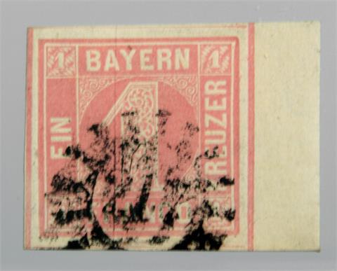 Brfm. Bayern - 1850, 1 Kreuzer auf rosa, Luxusstück aus dem rechten Rand.