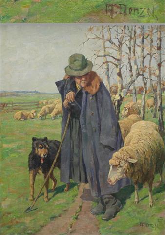 ANTON DENZEL (1888 - 1962): Schäfer mit Hund und Herde.