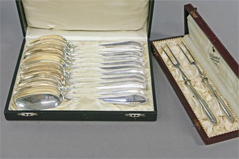 Konvolut 14 Besteckteile: 12 Speiselöffel und 2 Vorlegegabeln, Silber (800), (Gewicht ca. 738 g ohne Gabeln), deutsch 20. Jh.