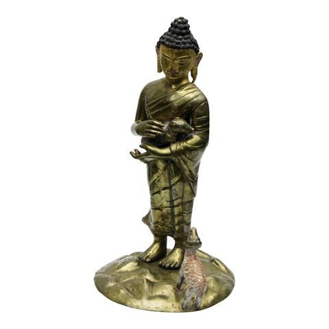 Buddha und sein Lamm aus Bronze, NEPAL, 20. Jh.
