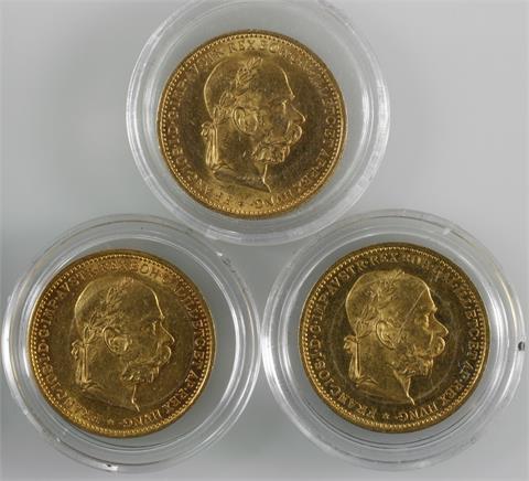 Österreich - 3 x 20 Kronen, 1893 + 1894 + 1895, 20,31 gr. GOLD,