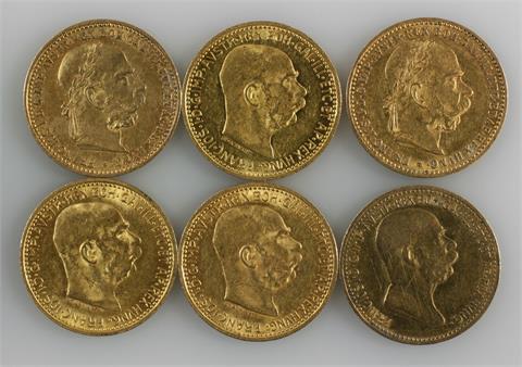 Österreich - Konvolut: 6 x 10 Kronen (2 Ausgaben), 20,28 gr. GOLD,