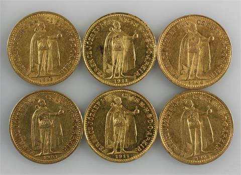 Österreich / Ungarn - Konvolut: 6 x 10 Kronen, 20,27 gr. GOLD,