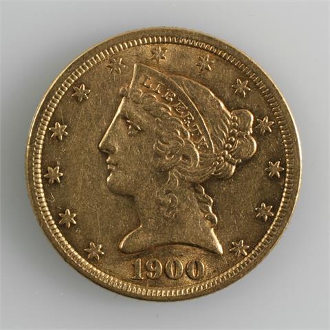 USA - 5 Dollars Half Eagle 1900, o. Mzz., 8,28 gr. GOLD,