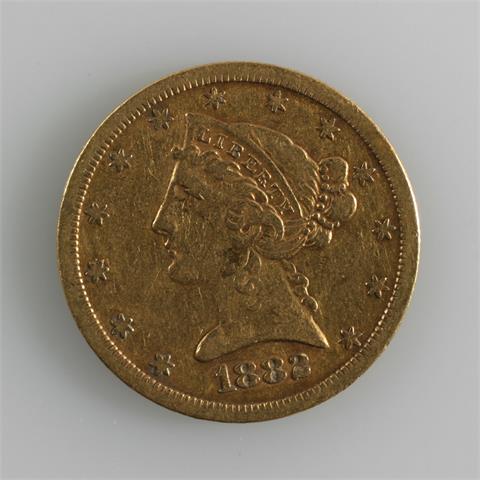 USA - 5 Dollars Half Eagle 1882/S., 8,19 gr. GOLD,