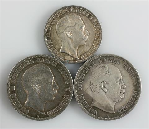Dt. Kaiserreich - Konvolut: 3 Münzen 5M Preussen 1876, 1904,