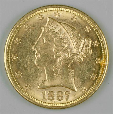 USA - 5 Dollars Half Eagle 1887/S, San Franzisko, 8,34 gr. GOLD,