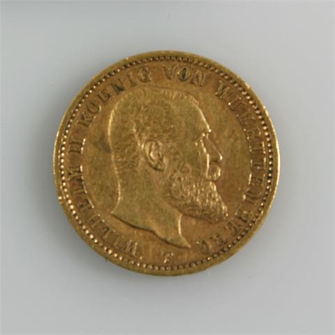 Württemberg - 20 M. Wilhelm II, 1894/F, 7,92 gr. GOLD,
