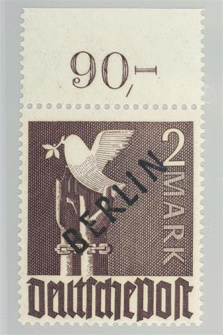 Brfm. Berlin - 1948, 2 Mk. Schwarzaufdruck, pstfr. Oberrand dgz. sign. Schlegel BPP, 350 Euro