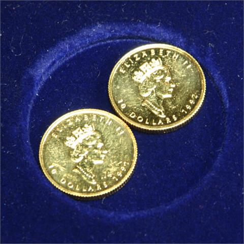 Kanada -2 x 10 Dollars; 1991 + 1992, Maple Leaf, je 1/4 Unze Gold,