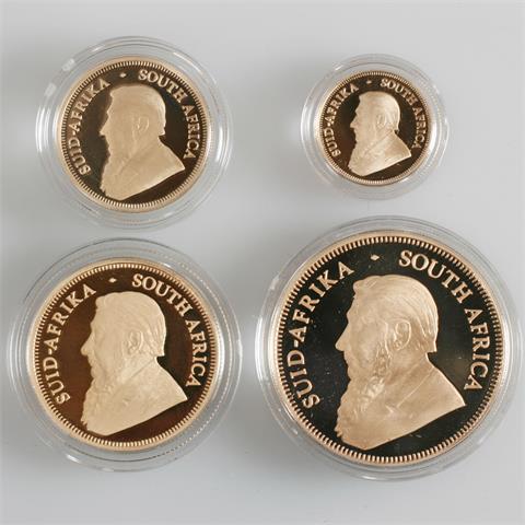 Südafrika - 4 Goldmünzen zu 1 Unze, 1/2 Unze, 1/4 Unze, 1 /10 Unze + Silberplatte
