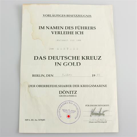 Vorläufiges Besitzzeugnis des Deutschen Kreuzes in Gold an den Leutnant zu See