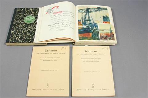 2 Bände handgeschriebene und reich farbig illustrierte Aufzeichnungen Thematik u.a. Heimatgeschichte, Welt- und Binnenhandel,